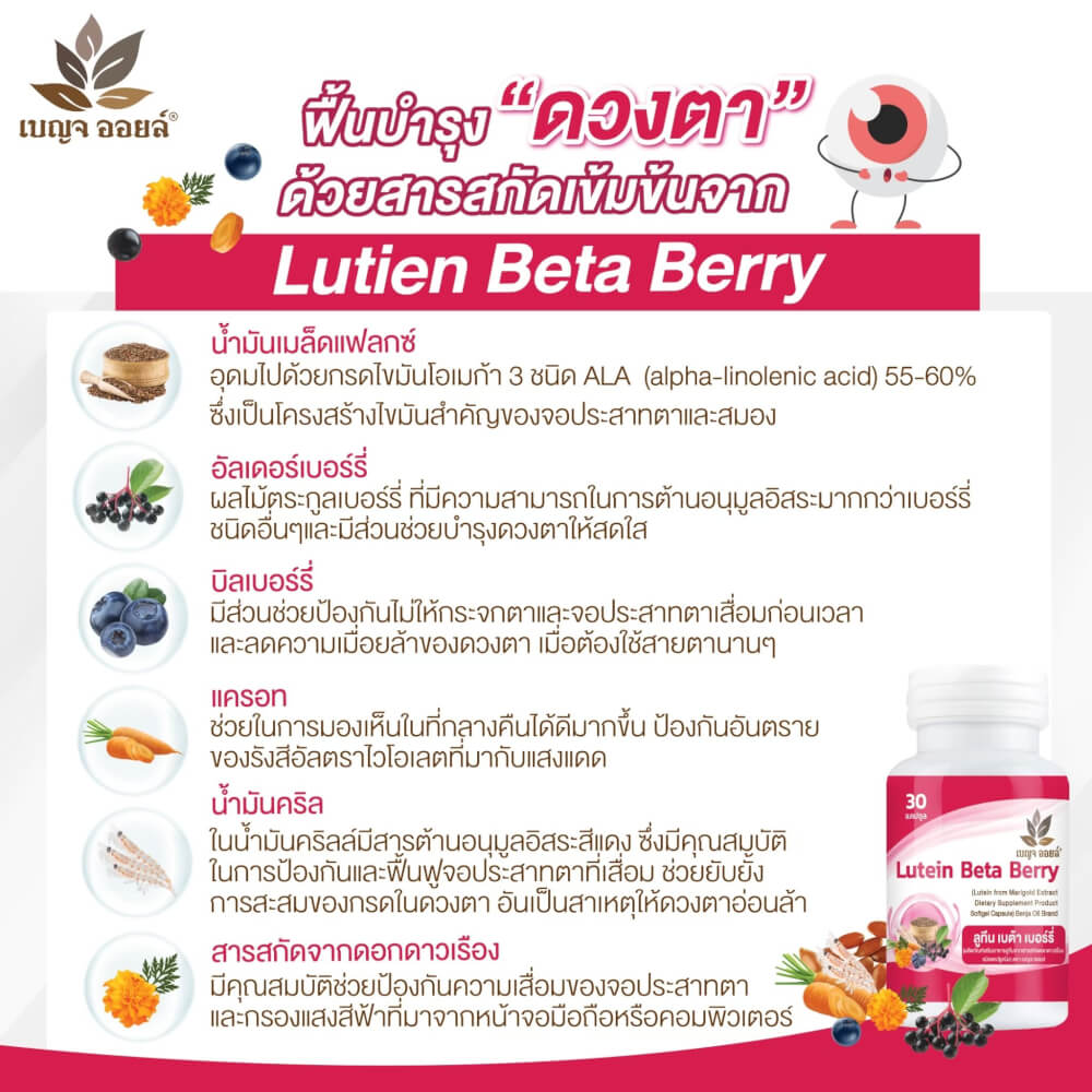 BOXSET เบญจออยล์ ลูทีน เบต้า เบอร์รี่ 30 แคปซูล 6 กระปุก 